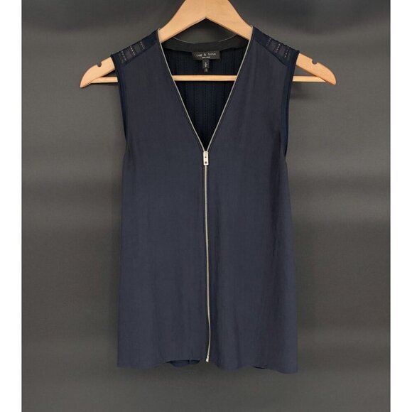 rag & bone Tops - Rag & Bone Navy Valerie Zip Sleeveless Blouse Women's S Sheer Zip Collar V-Neck